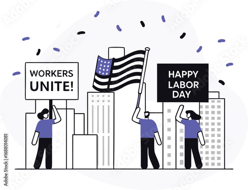 People holding american flag and signs saying workers unite and happy labor day in front of city buildings with confetti, illustration style