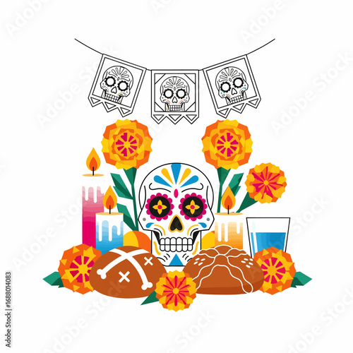 Colorful Day of the Dead illustration featuring a decorated skull, bread, marigolds, candles, water, and a banner with skull designs.