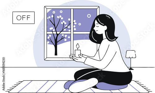 A woman sits on a rug, holding a lit candle, looking out a window at a snowy tree, with an off sign on the wall, symbolizing peace and quiet
