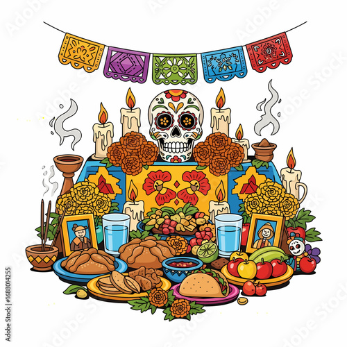 Colorful illustration of a Day of the Dead altar featuring a skull, candles, marigolds, food offerings, and papel picado banners.