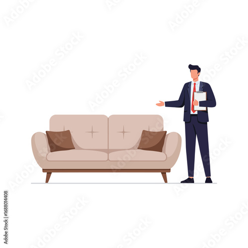 Businessman presenting beige sofa modern furniture home decor interior design stylish couch comfortable seating elegant living room sales representative real estate agent new home