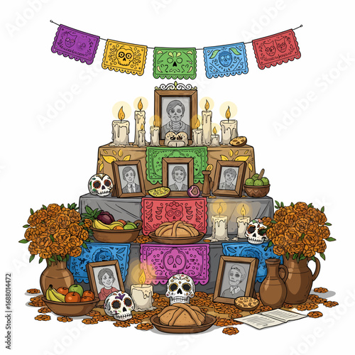 Colorful Day of the Dead altar with photos, candles, skulls, and marigolds.