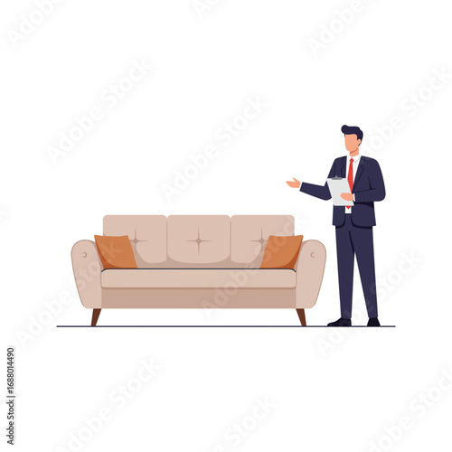 Businessman presenting beige sofa with pillows interior design home staging real estate furniture sales