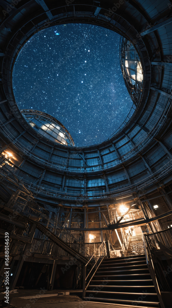 Obraz premium Large telescope observatory dome interior with metal stairs starry night sky, futuristic mood