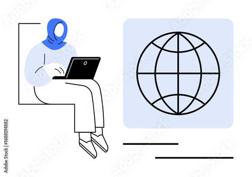 Woman in hijab using laptop beside a globe, representing global communication, remote work, cultural diversity, technology accessibility, global learning, digital innovation, and online connection