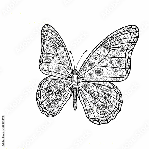 Intricate line art drawing of a butterfly, wings adorned with detailed skull and floral patterns.
