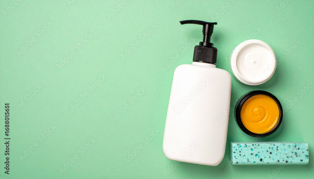 Fototapeta premium Beauty and wellness: A minimalist flat lay presents essential beauty and skincare products against a soft backdrop, focusing on self-care and well-being.