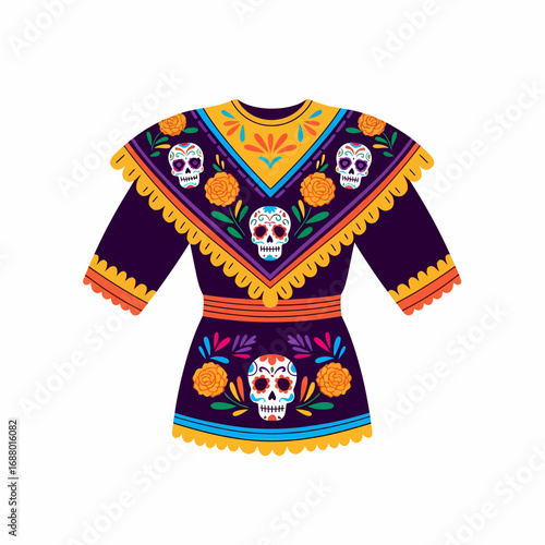A festive Mexican shirt adorned with sugar skulls and marigold flowers, celebrating the Day of the Dead.