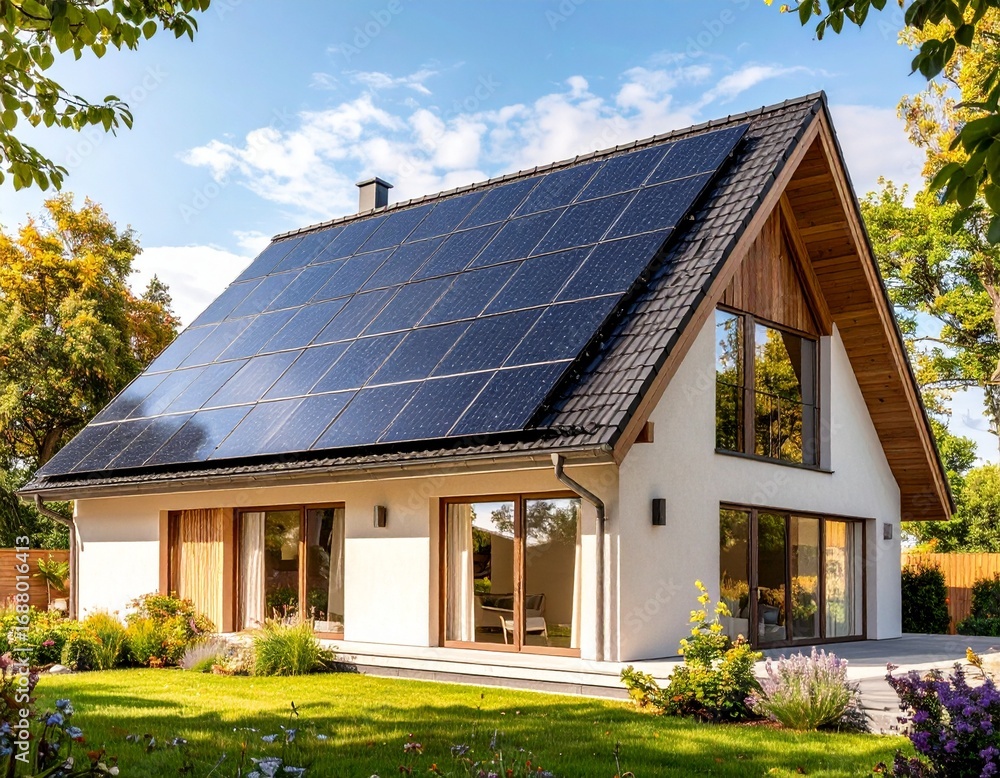 Fototapeta premium Solar Panels on Modern House Roof under Clear Blue Sky