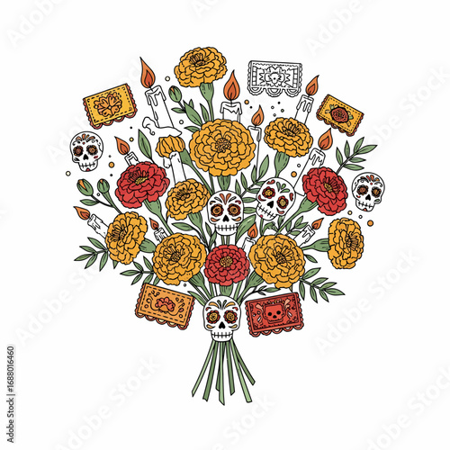A vibrant illustration of a Day of the Dead bouquet featuring marigolds, skulls, and candles.