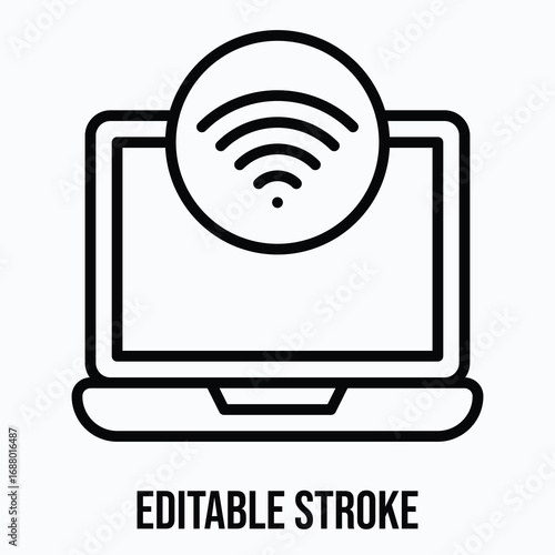 Wi-Fi Signal on Laptop Screen Isolated Vector Lineal Style Icon, Editable Stroke