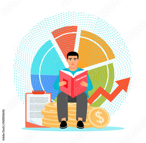 Financial Literacy Concept. Man Analyzing Financial Data With Coin Stacks and Growth Chart.