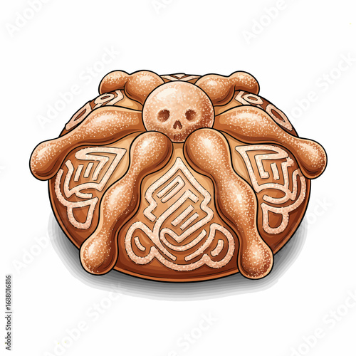 A detailed illustration of Pan de Muerto, a traditional Mexican bread, with a skull.
