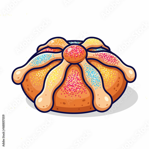 Illustration of a traditional Pan de Muerto (Bread of the Dead) with colorful sugar sprinkles on a white background.