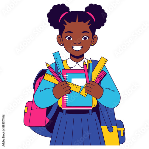 Smiling schoolgirl with afro puffs holding school supplies and wearing a backpack.
