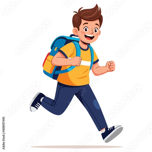 Animated Boy with Backpack Running with Joyful Expression and Clenched Fist.