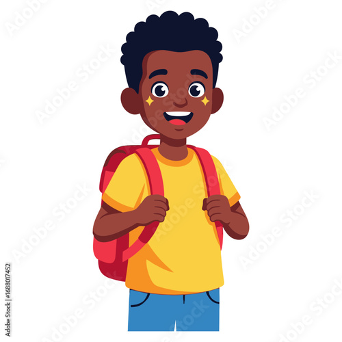 Cheerful African American Boy with Backpack and Star Stickers on His Face.