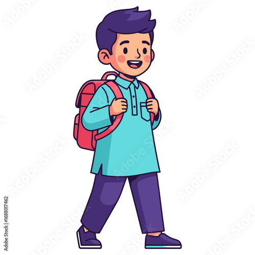 Cheerful Boy in Traditional Outfit Carrying a Backpack.