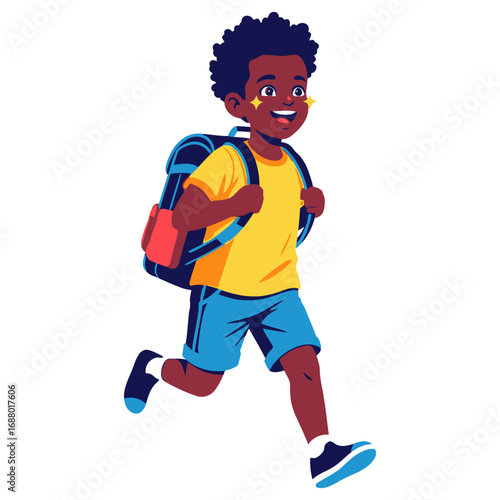 Joyful AfricanAmerican Boy Running with Backpack Sparkling Eyes and Yellow TShirt.