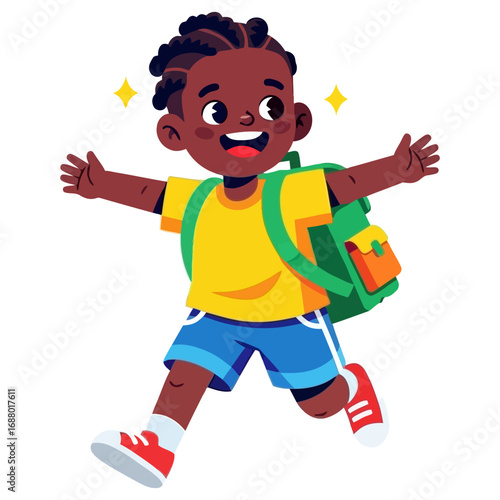Joyful Black Boy Running with Backpack Bright Yellow Shirt.