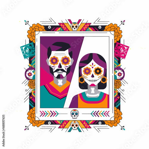 A stylized couple portrait celebrating Día de Muertos, adorned with vibrant floral and skull motifs within a geometric frame.