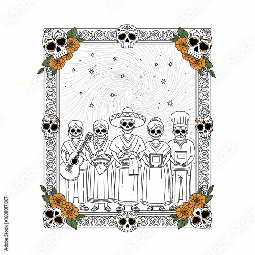 Dia de los Muertos family portrait, ornate frame, skulls, flowers.