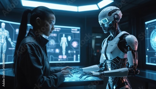 A glowing AI hologram interacting with a human scientist