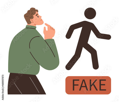 Man pondering while looking at walking human figure and labeled FAKE text. Ideal for investigation, identity, authenticity, ethics, fraud, perception, and decision-making themes. Simple flat