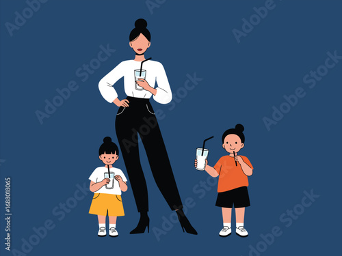 Cute Happy Kids with Mom Drinking Milk, Illustration
