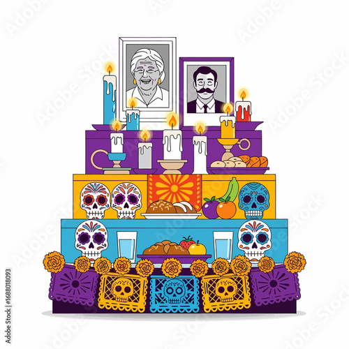 A vibrant, multi-tiered Day of the Dead altar with portraits, sugar skulls, candles, and food offerings.