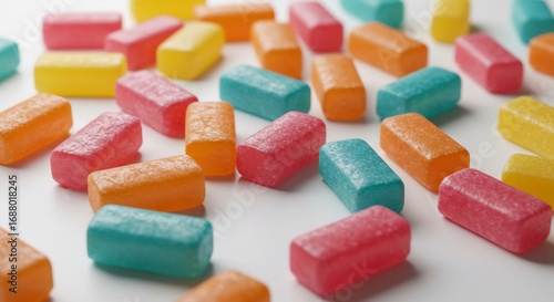 色鮮やか虹色キャンディ 光沢輝く甘い宝石 散らばる This translates roughly to: Vibrant rainbow candy, glittering sweet jewels scattered.. AI Generated