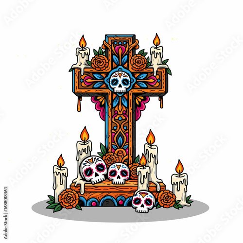 Ornate wooden cross adorned with colorful floral patterns, sugar skulls, and lit candles, evoking Day of the Dead traditions.