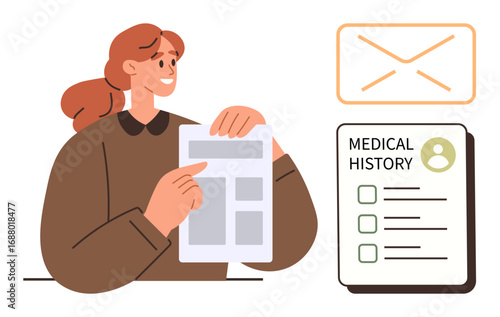 Woman holds and reviews paperwork alongside a medical history chart and an email icon. Ideal for health care, medical records, patient communication, healthcare technology, organization, online