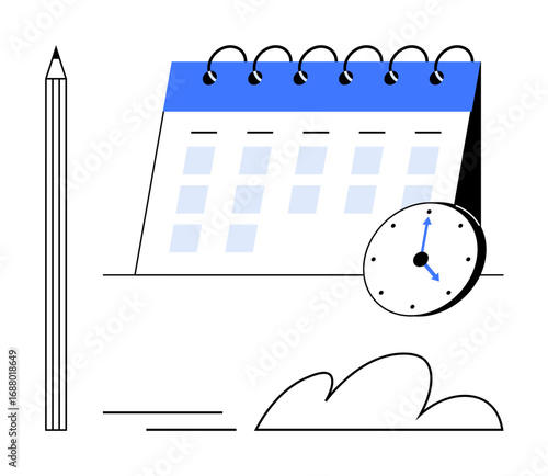 Ring-bound calendar with marked dates and a clock symbolizes scheduling. Pencil signifies planning. Cloud adds simplicity. Ideal for organization, deadlines, productivity, time management