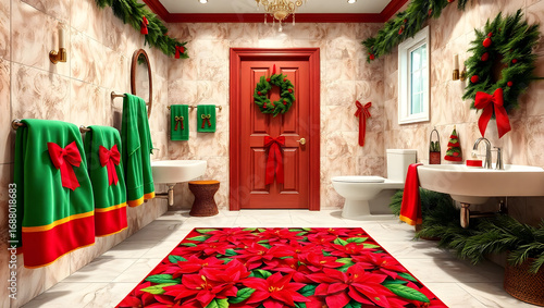 Christmas themed bathroom with poinsettia rug and red and green holiday decorations present