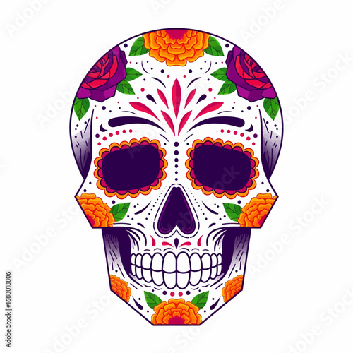 Colorful sugar skull illustration with floral decorations, including roses and marigolds, against a white background.