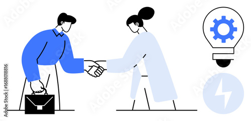 Two professionals shake hands, representing agreement or teamwork. Light bulb with gear and lightning bolt suggest innovation and energy. Ideal for business, teamwork, strategy, collaboration