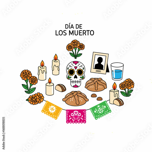 Illustration of a Dia de los Muertos altar with candles, marigolds, pan de muerto, a skull, a picture frame, and colorful papel picado banners.