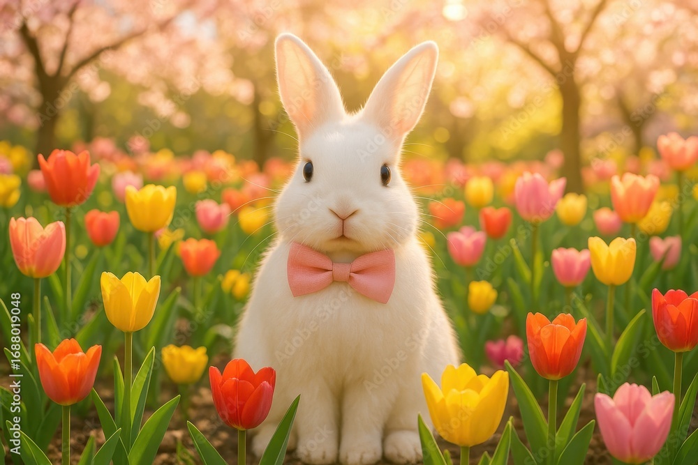 Fototapeta premium Charming Easter bunny wearing pastel bow tie surrounded by colorful spring tulips in enchanting garden setting