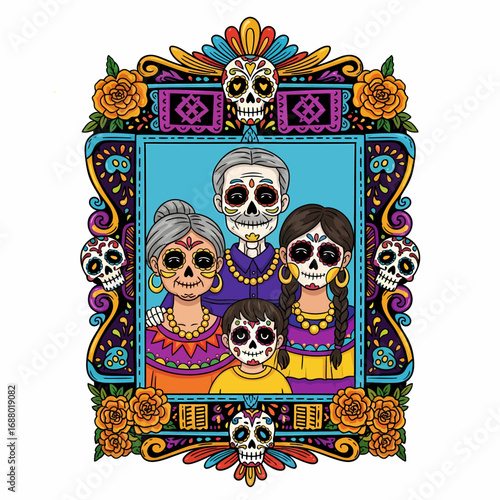 Dia de los Muertos family portrait, ornate frame, colorful sugar skulls.