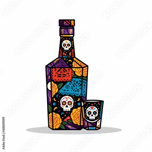 Ornate tequila bottle and shot glass, Day of the Dead design.