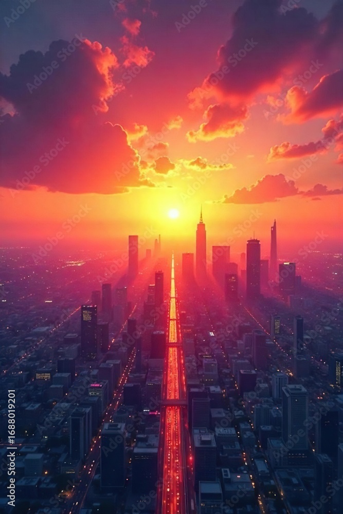 Fototapeta premium A vibrant sunrise over a cityscape, symbolizing the boundless energy and potential of a thriving career Ideal for concepts of ambition, progress, and professional success , gold, morning