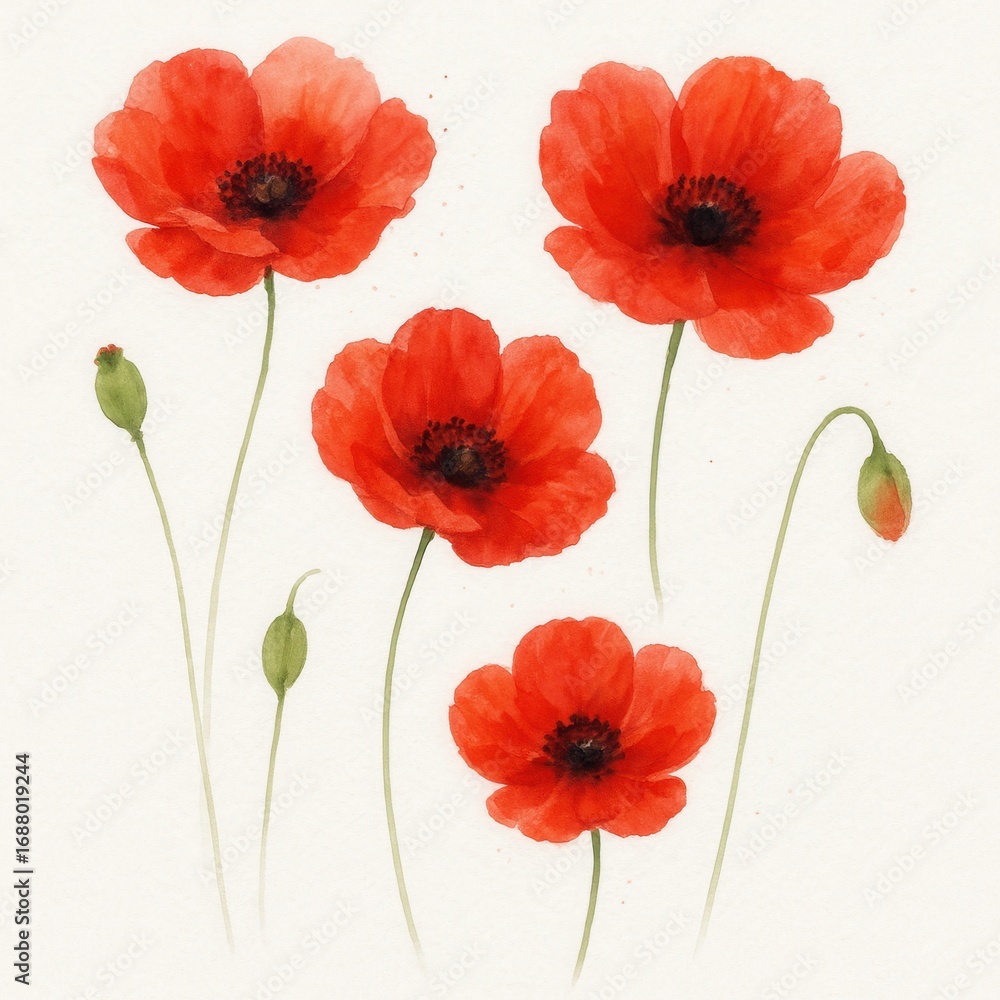 Obraz premium Airy watercolor field of scarlet poppies with inky outlines soft gradients and gentle paper grain perfect for botanical prints and spring stationery