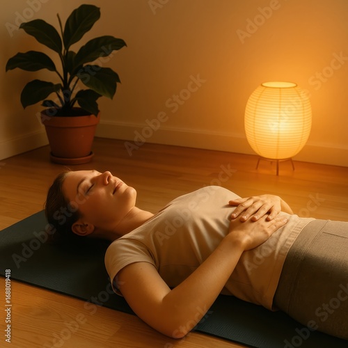 Obraz w ramie Calming evening self care session with guided breathing progressive muscle relaxation and mindful body scan on cozy rug beside window with soft ambient light