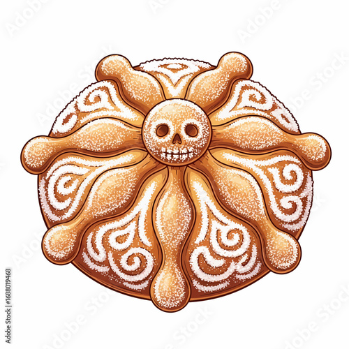 A festive, decorative Pan de Muerto, a traditional sweet bread adorned with skull and bone designs, celebrating Day of the Dead traditions.