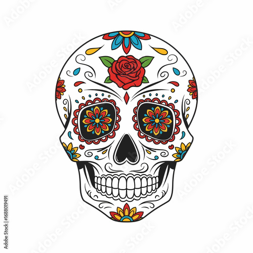 A vibrantly decorated sugar skull adorned with colorful floral patterns and a central red rose, symbolizing Day of the Dead traditions.