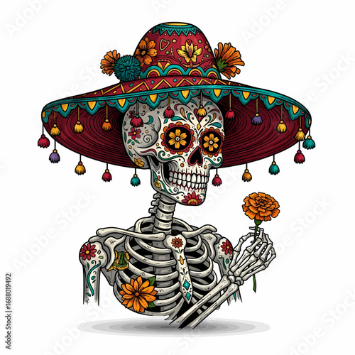 A vibrantly decorated skeleton adorned with a colorful sombrero and intricate floral patterns, holding a single orange marigold, symbolizing Day of the Dead traditions.