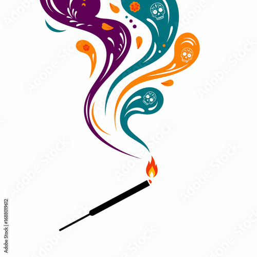 Colorful smoke swirls rise from a lit incense stick, adorned with skull and floral motifs.