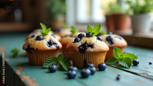 Close up of blueberry muffins with mint leaves on a rustic green wooden surface near a window