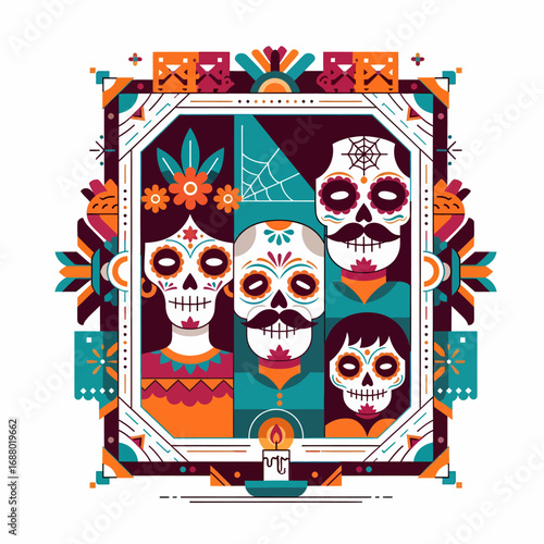A vibrant illustration of a family of Calaveras celebrating Día de los Muertos in a decorative frame.